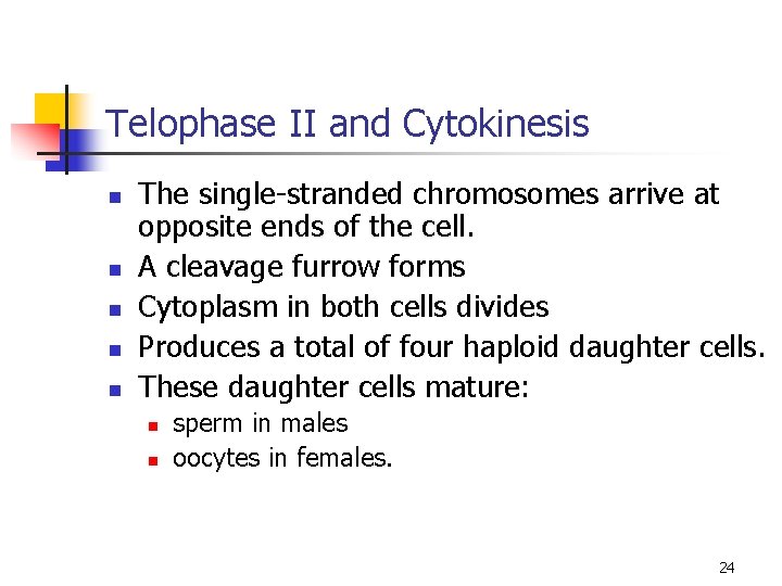 Telophase II and Cytokinesis n n n The single-stranded chromosomes arrive at opposite ends
