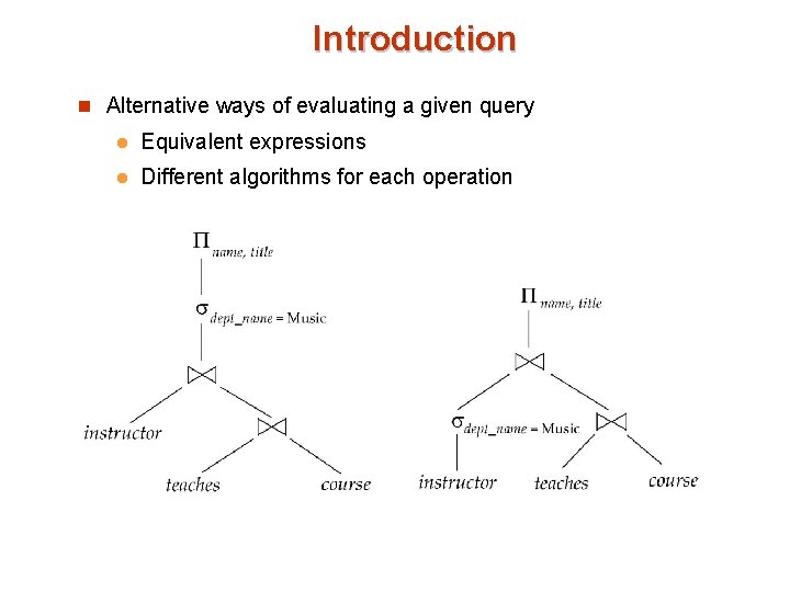 Introduction n Alternative ways of evaluating a given query l Equivalent expressions l Different