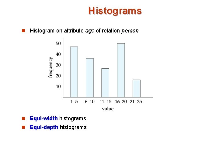 Histograms n Histogram on attribute age of relation person n Equi-width histograms n Equi-depth