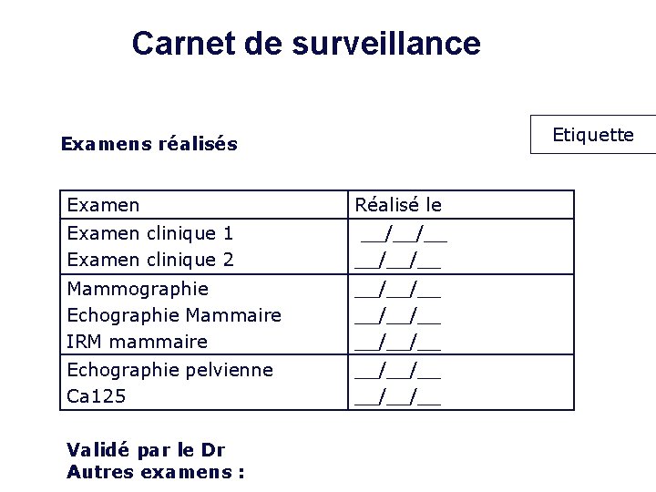 Carnet de surveillance Etiquette Examens réalisés Examen Réalisé le Examen clinique 1 Examen clinique