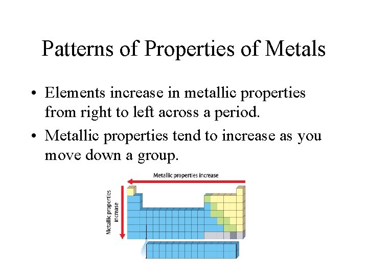 Patterns of Properties of Metals • Elements increase in metallic properties from right to