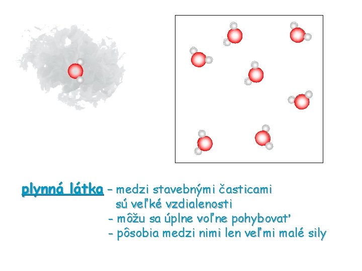 plynná látka – medzi stavebnými časticami sú veľké vzdialenosti - môžu sa úplne voľne