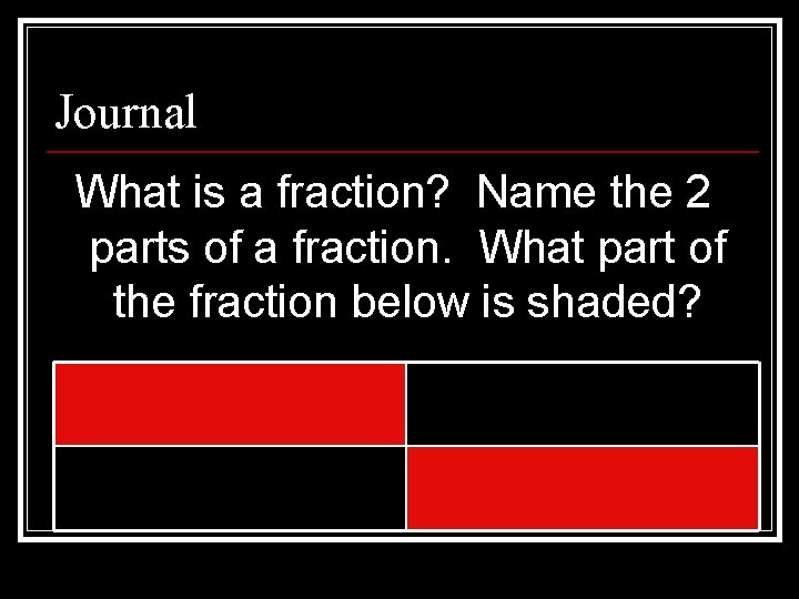 Journal What is a fraction? Name the 2 parts of a fraction. What part