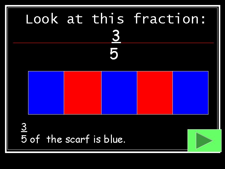 Look at this fraction: 3 5 of the scarf is blue. 