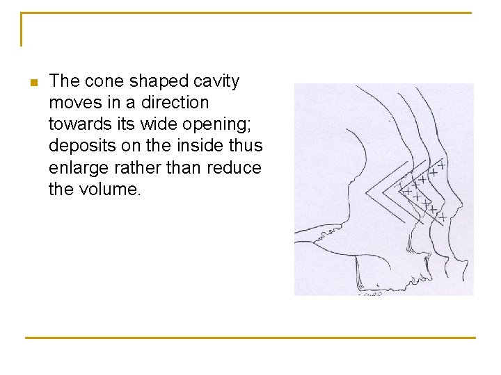 n The cone shaped cavity moves in a direction towards its wide opening; deposits