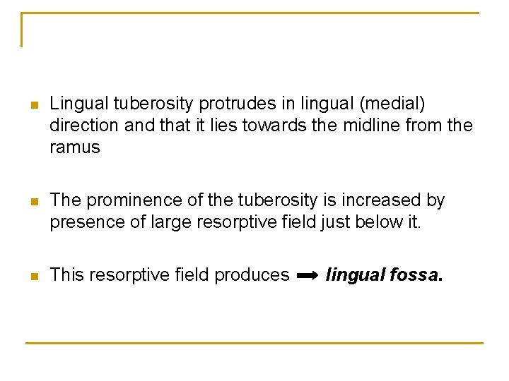 n Lingual tuberosity protrudes in lingual (medial) direction and that it lies towards the