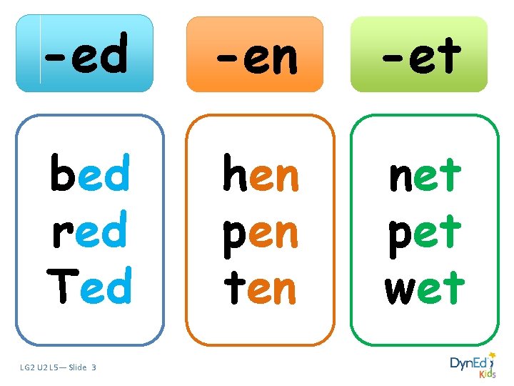-ed -en -et bed red Ted hen pen ten net pet wet LG 2