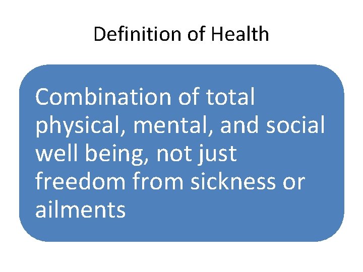 Definition of Health Combination of total physical, mental, and social well being, not just