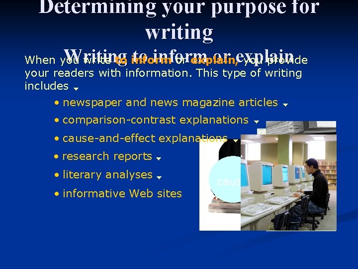 Determining your purpose for writing Writing to inform or explain When you write to