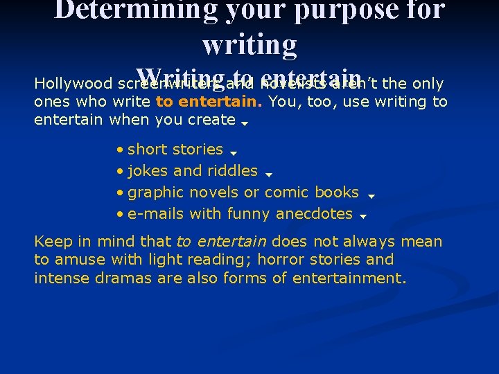 Determining your purpose for writing Writing to entertain Hollywood screenwriters and novelists aren’t the