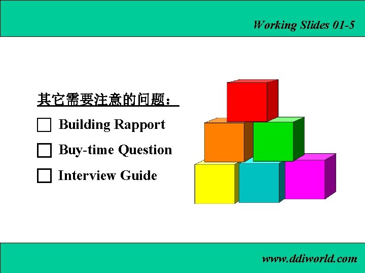 Working Slides 01 -5 其它需要注意的问题： Building Rapport Buy-time Question Interview Guide www. ddiworld. com