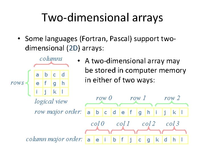 Two-dimensional arrays • Some languages (Fortran, Pascal) support twodimensional (2 D) arrays: columns rows