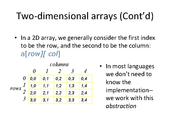 Two-dimensional arrays (Cont’d) • In a 2 D array, we generally consider the first