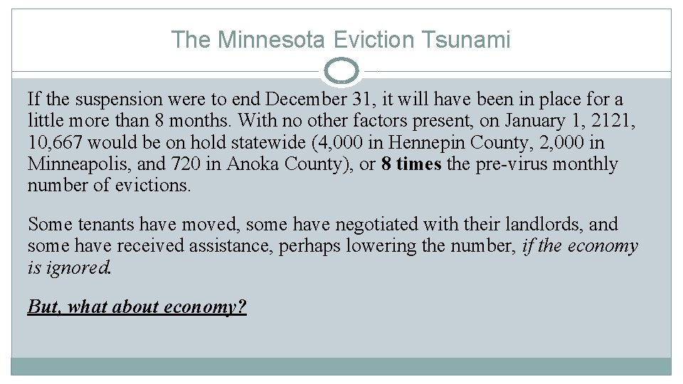 The Minnesota Eviction Tsunami If the suspension were to end December 31, it will