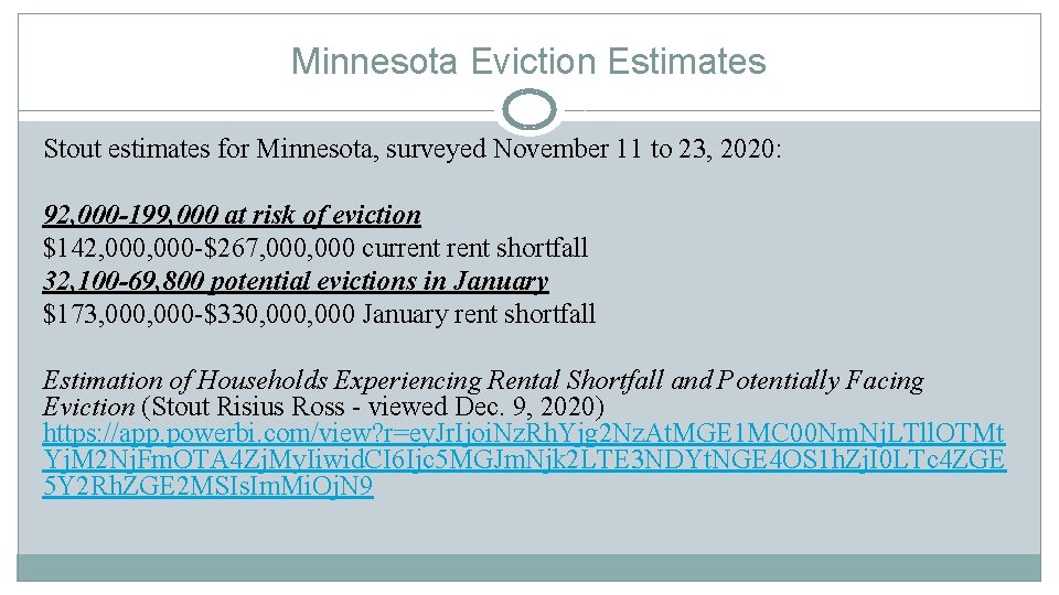 Minnesota Eviction Estimates Stout estimates for Minnesota, surveyed November 11 to 23, 2020: 92,