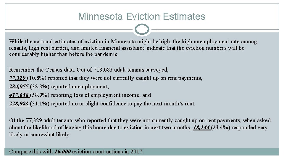 Minnesota Eviction Estimates While the national estimates of eviction in Minnesota might be high,