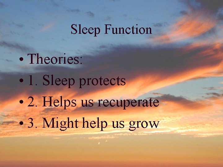 Sleep Function • Theories: • 1. Sleep protects • 2. Helps us recuperate • Sleep Function • Theories: • 1. Sleep protects • 2. Helps us recuperate •