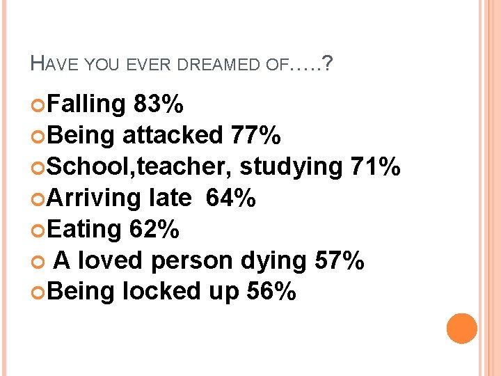 HAVE YOU EVER DREAMED OF…. . ? Falling 83% Being attacked 77% School, teacher, HAVE YOU EVER DREAMED OF…. . ? Falling 83% Being attacked 77% School, teacher,
