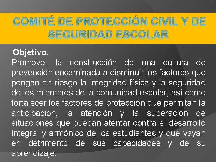 COMITÉ DE PROTECCIÓN CIVIL Y DE SEGURIDAD ESCOLAR Objetivo. Promover la construcción de una