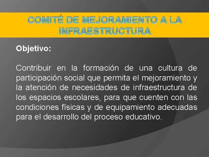 COMITÉ DE MEJORAMIENTO A LA INFRAESTRUCTURA Objetivo: Contribuir en la formación de una cultura