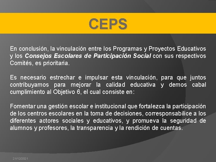 CEPS En conclusión, la vinculación entre los Programas y Proyectos Educativos y los Consejos