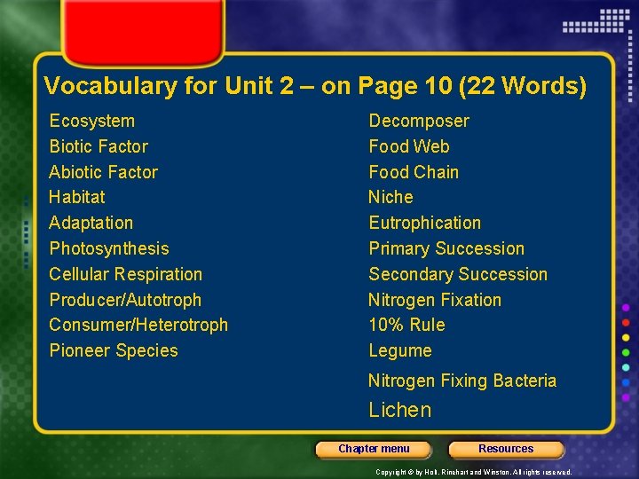 Vocabulary for Unit 2 – on Page 10 (22 Words) Ecosystem Biotic Factor Abiotic