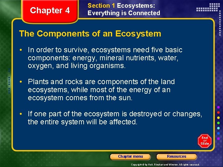 Chapter 4 Section 1 Ecosystems: Everything is Connected The Components of an Ecosystem •