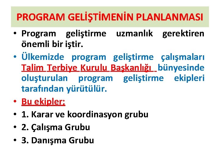 PROGRAM GELİŞTİMENİN PLANLANMASI • Program geliştirme uzmanlık gerektiren önemli bir iştir. • Ülkemizde program