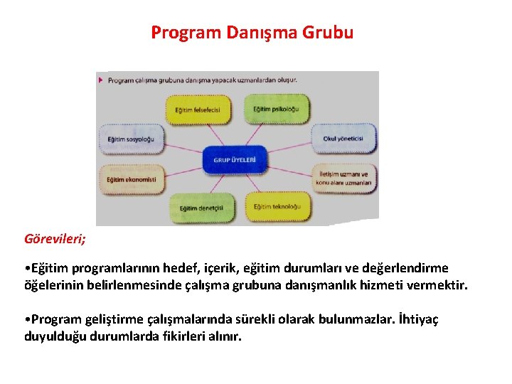Program Danışma Grubu Görevileri; • Eğitim programlarının hedef, içerik, eğitim durumları ve değerlendirme öğelerinin