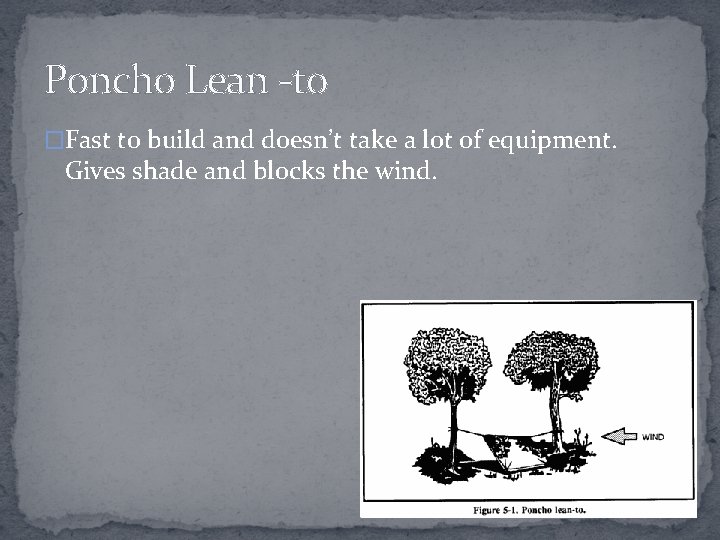 Poncho Lean -to �Fast to build and doesn’t take a lot of equipment. Gives