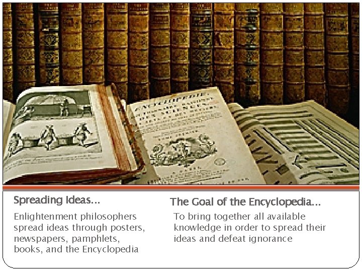 Spreading Ideas. . . Enlightenment philosophers spread ideas through posters, newspapers, pamphlets, books, and Spreading Ideas. . . Enlightenment philosophers spread ideas through posters, newspapers, pamphlets, books, and
