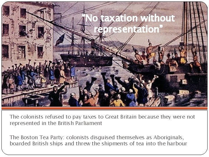 “No taxation without representation” The colonists refused to pay taxes to Great Britain because “No taxation without representation” The colonists refused to pay taxes to Great Britain because