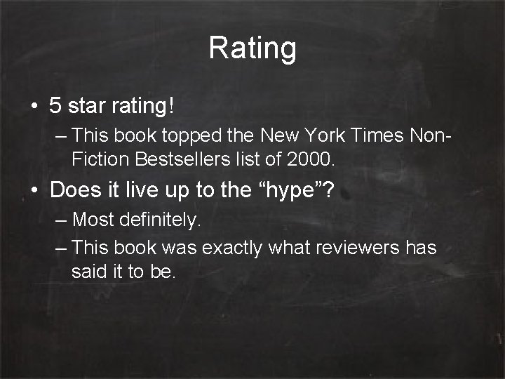 Rating • 5 star rating! – This book topped the New York Times Non.