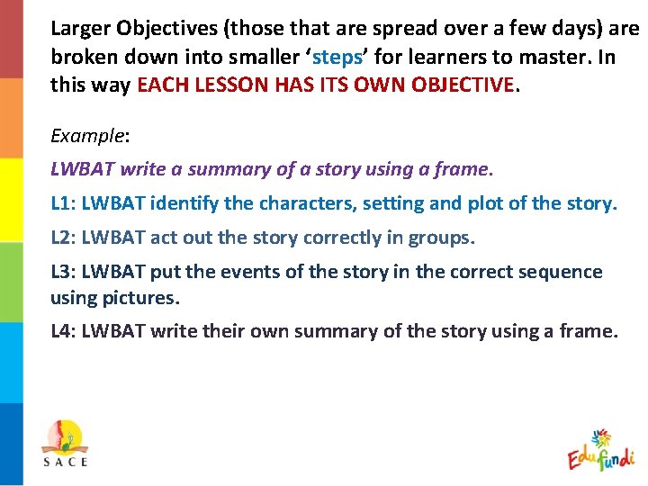 Larger Objectives (those that are spread over a few days) are broken down into