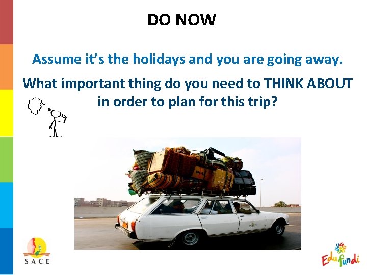 DO NOW Assume it’s the holidays and you are going away. What important thing