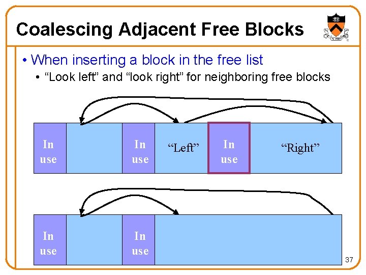 Coalescing Adjacent Free Blocks • When inserting a block in the free list •