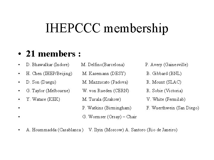 IHEPCCC membership • 21 members : • D. Bhawalkar (Indore) M. Delfino(Barcelona) P. Avery