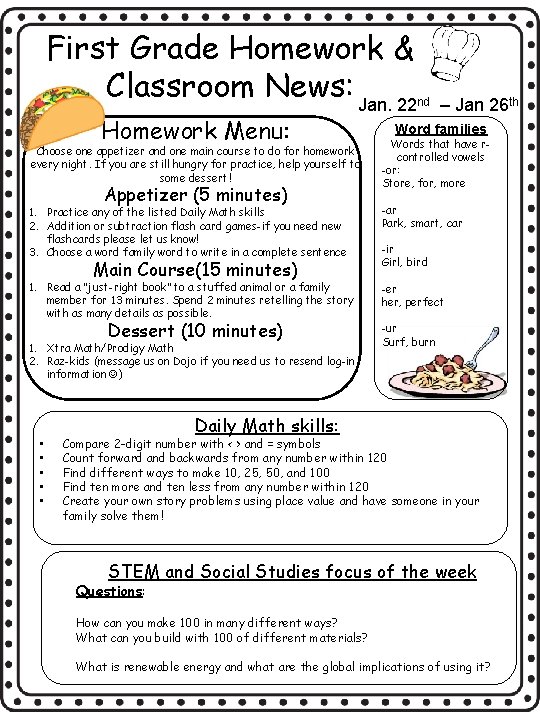 First Grade Homework & Classroom News: Jan. 22 Homework Menu: Choose one appetizer and