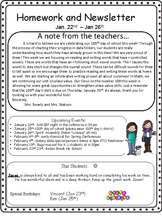 Homework and Newsletter Jan. 22 nd – Jan 26 th A note from the