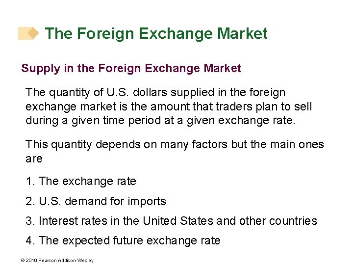 The Foreign Exchange Market Supply in the Foreign Exchange Market The quantity of U.