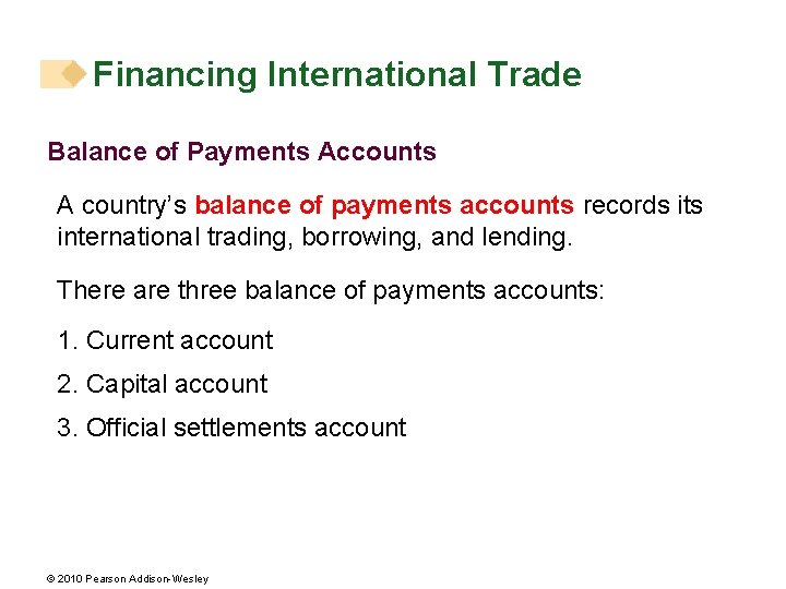 Financing International Trade Balance of Payments Accounts A country’s balance of payments accounts records