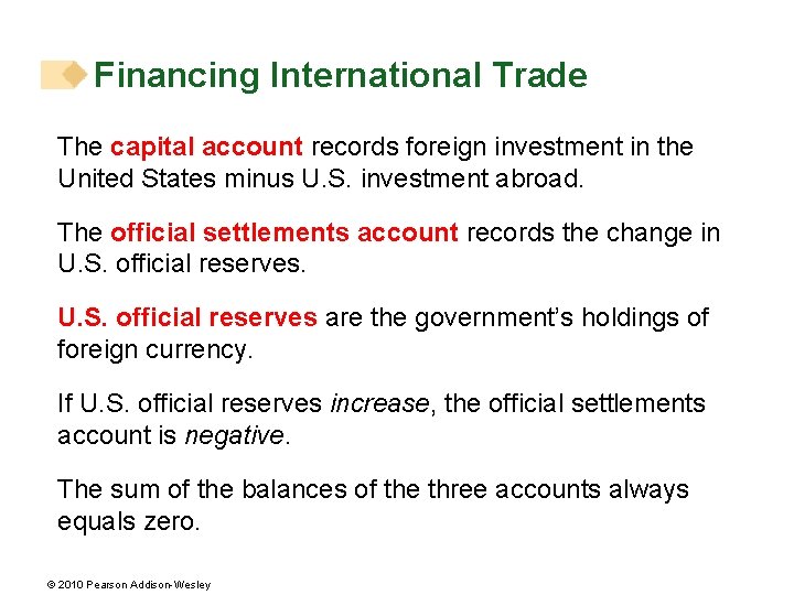 Financing International Trade The capital account records foreign investment in the United States minus
