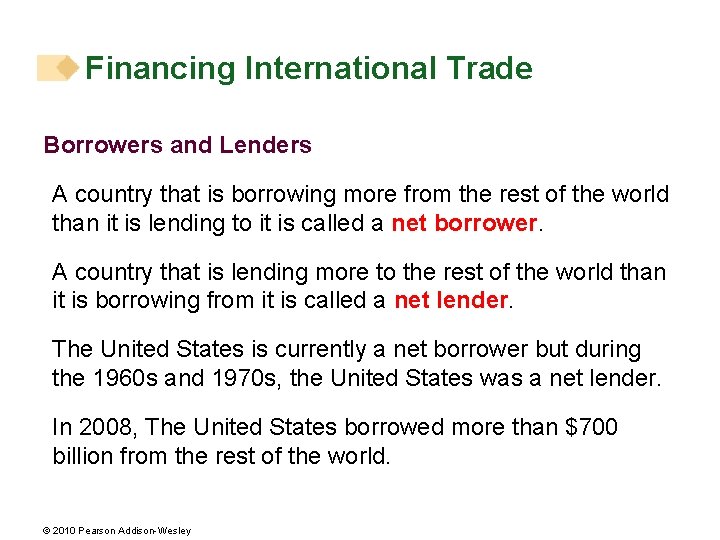 Financing International Trade Borrowers and Lenders A country that is borrowing more from the