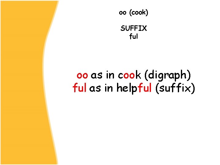 oo (cook) SUFFIX ful oo as in cook (digraph) ful as in helpful (suffix)