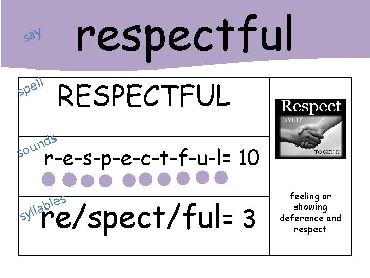 respectful say ll e p s RESPECTFUL s d n sou r-e-s-p-e-c-t-f-u-l= 10 s