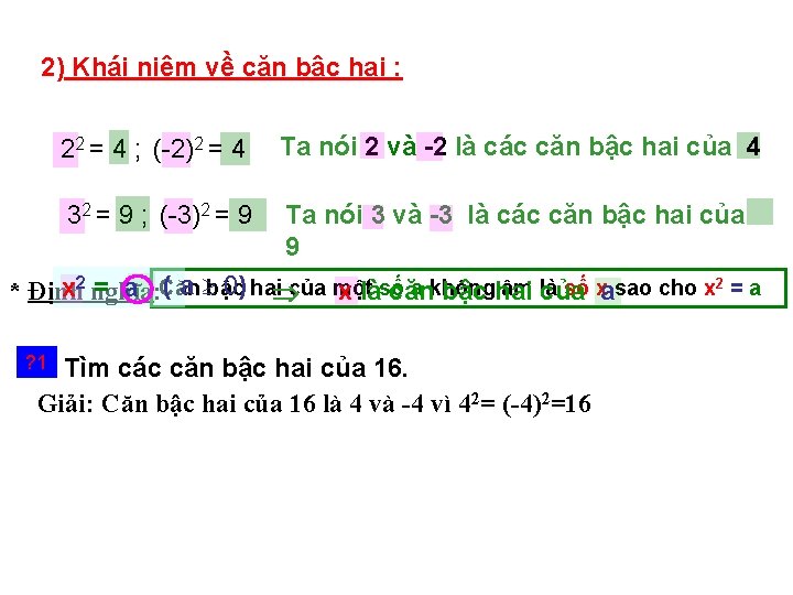 2) Khái niệm về căn bậc hai : 22 = 4 ; (-2)2 =