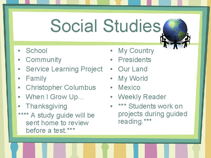 Social Studies • School • Community • Service Learning Project • Family • Christopher