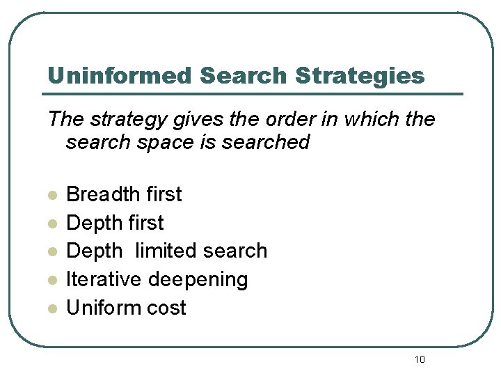 Uninformed Search Strategies The strategy gives the order in which the search space is