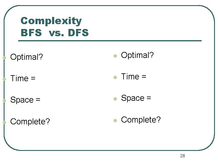 Complexity BFS vs. DFS l Optimal? l Time = l Space = l Complete?