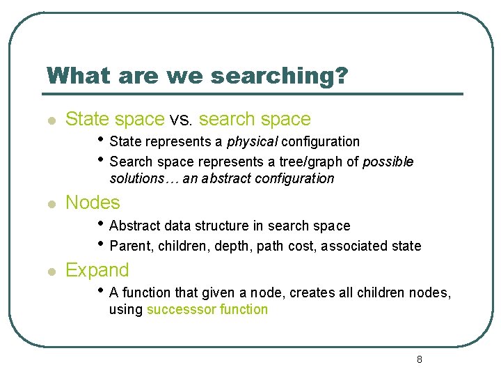 What are we searching? l State space vs. search space • State represents a